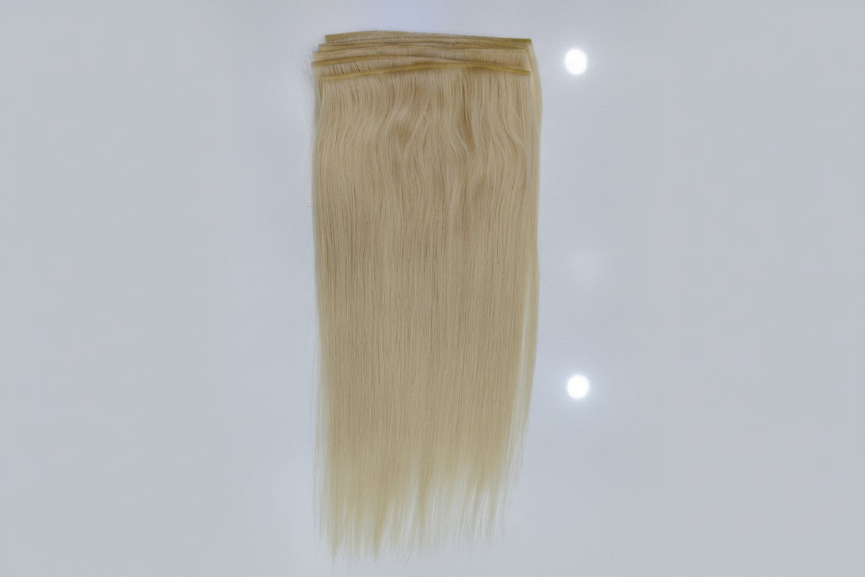 Blonde hair extensions on a white background